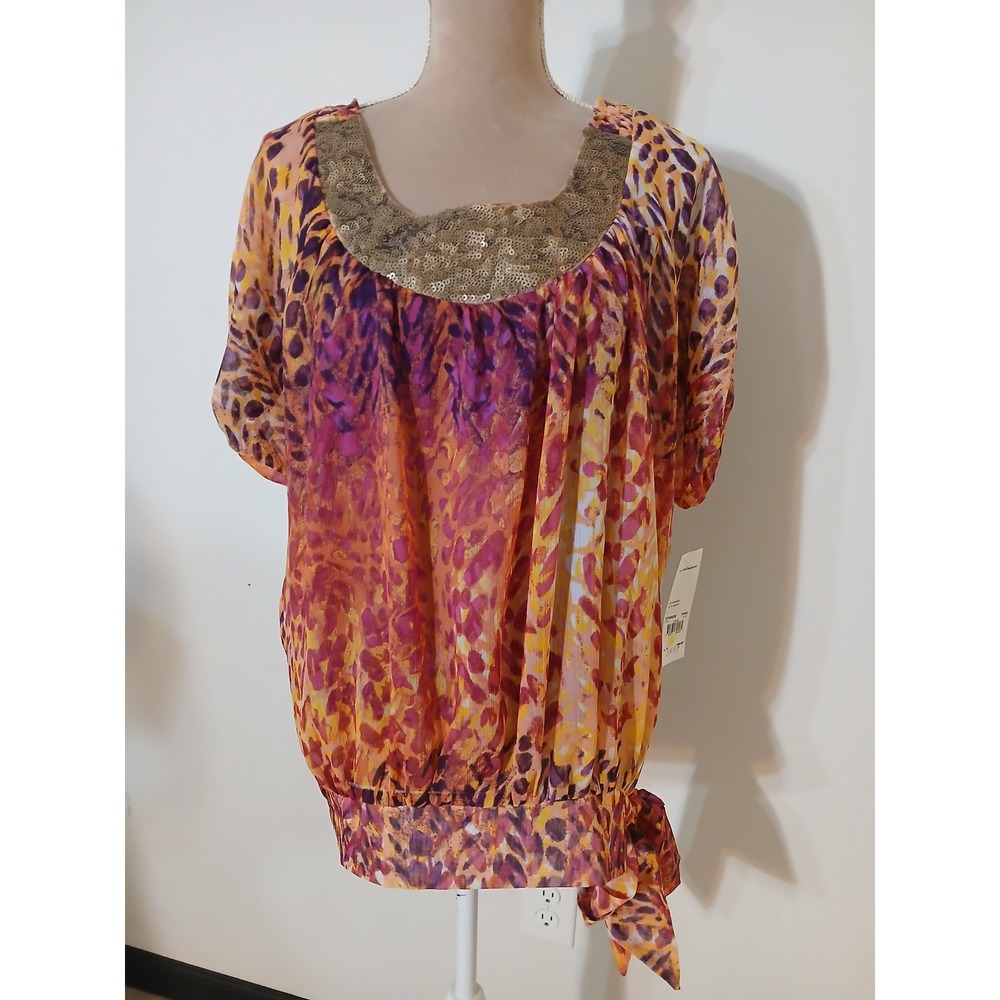 NY Collection Womens Animal Print Sequin Scoop Neck Blouse Orange Purple Medium